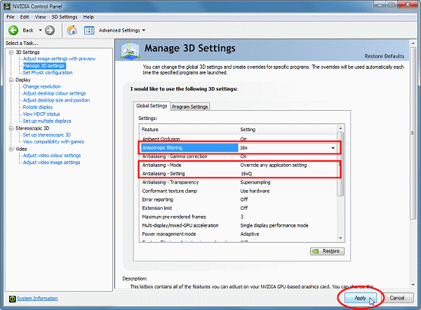 Graphics card settings