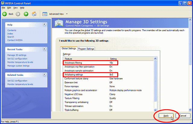 Graphics card settings